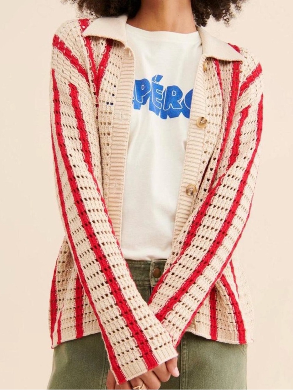 Anthropologie Cream and Red Open Knit Striped Cardigan